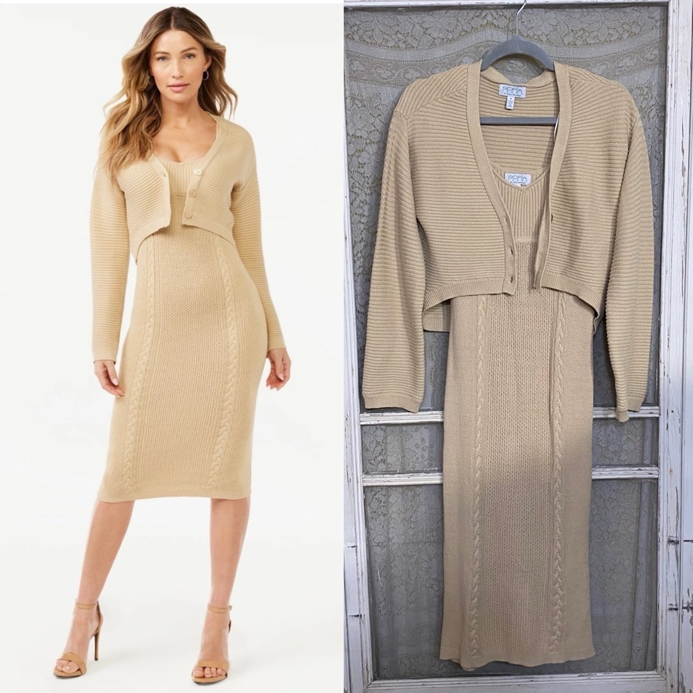 Sofia Jeans by Sofia Vergara Women's Dress and‎ Cardi Set Beige Tan Size Medium